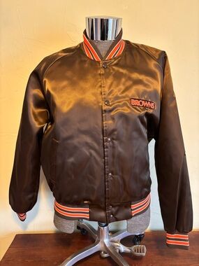 Vintage Cleveland Browns Men's Brown Satin Bomber Jacket with Stripe Trim